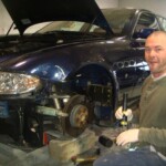 Before and after photographs of a damaged, blue, Maserati that was repaired by Elite Paint & Body Shop in West Palm Beach, FL.